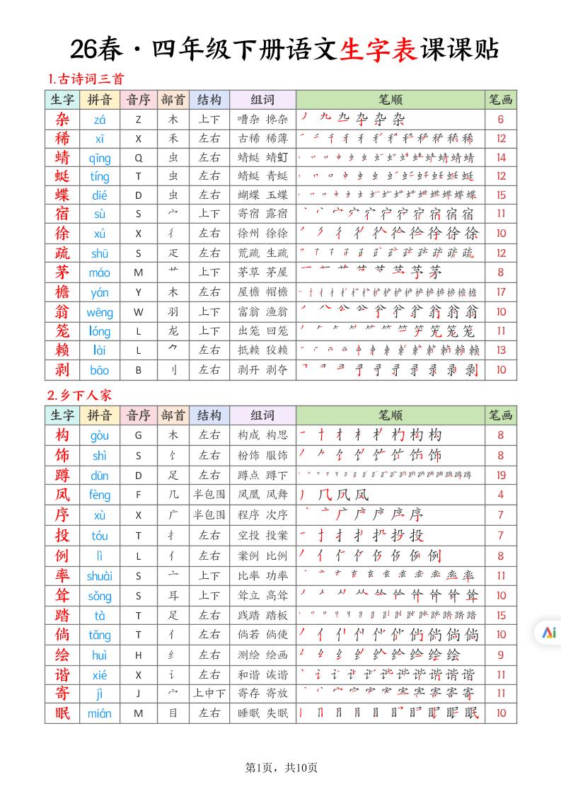 26春四下语文生字表课课贴10页