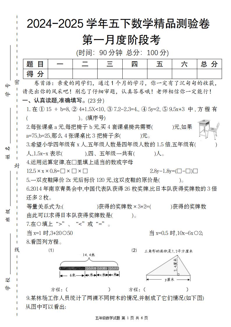 【苏教版】2024-2025学年五下数学第一月度阶段考精品测验卷