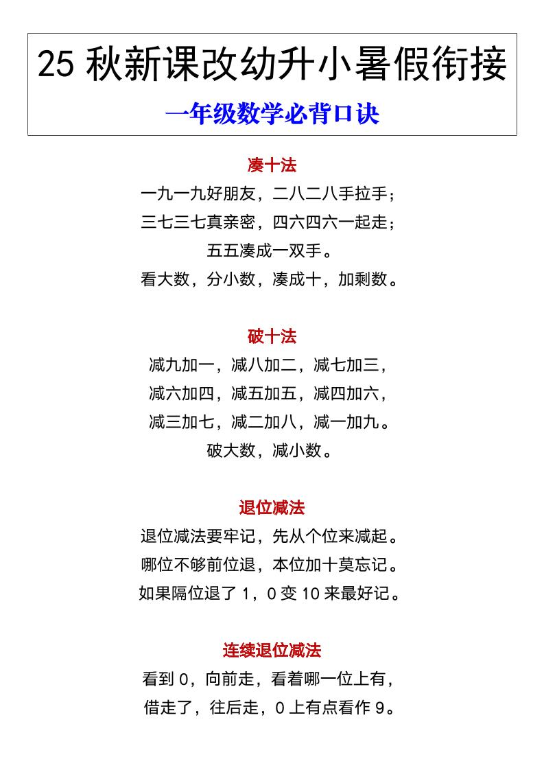 【2025秋新版】幼升小暑假衔接一年级数学必背口诀-一上数学