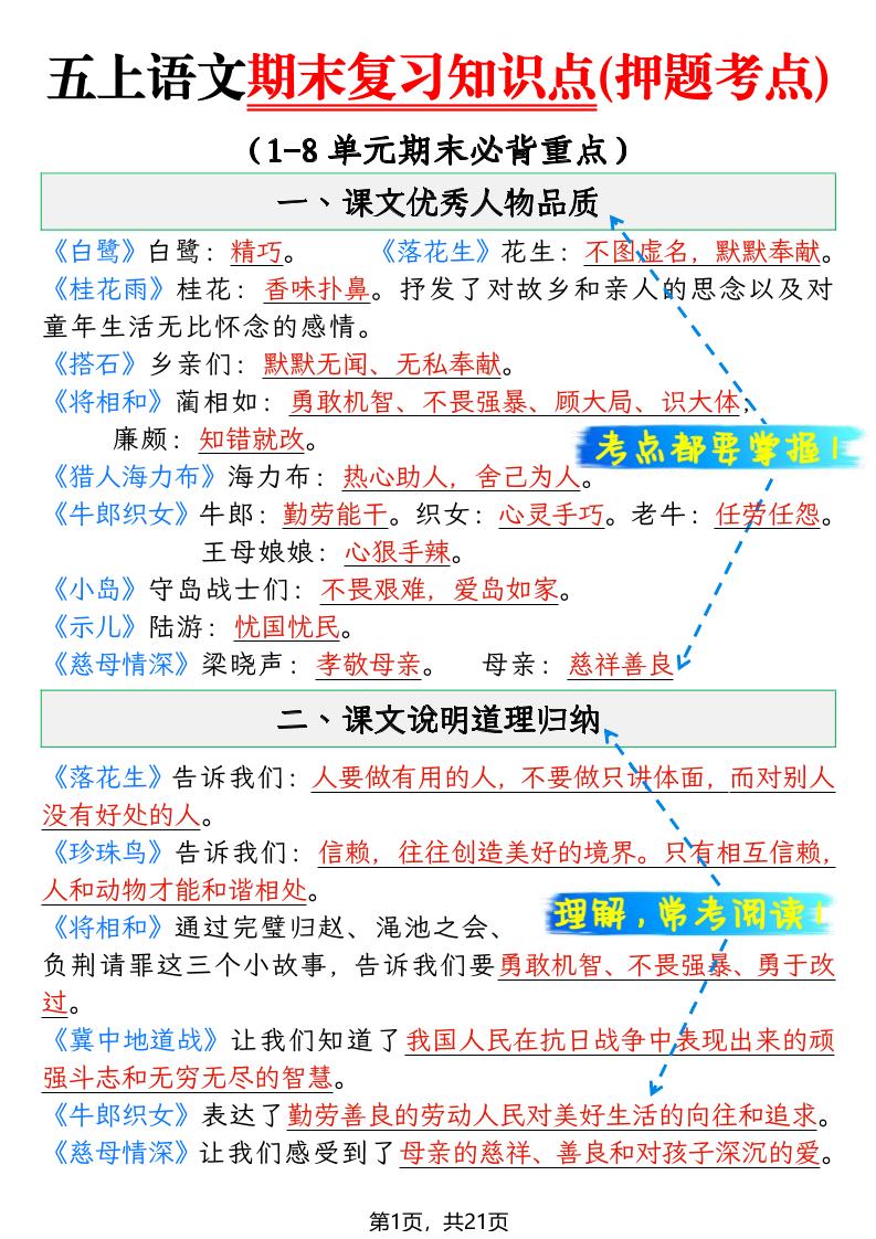 五年级上语文期末复习知识点(押题考点)
