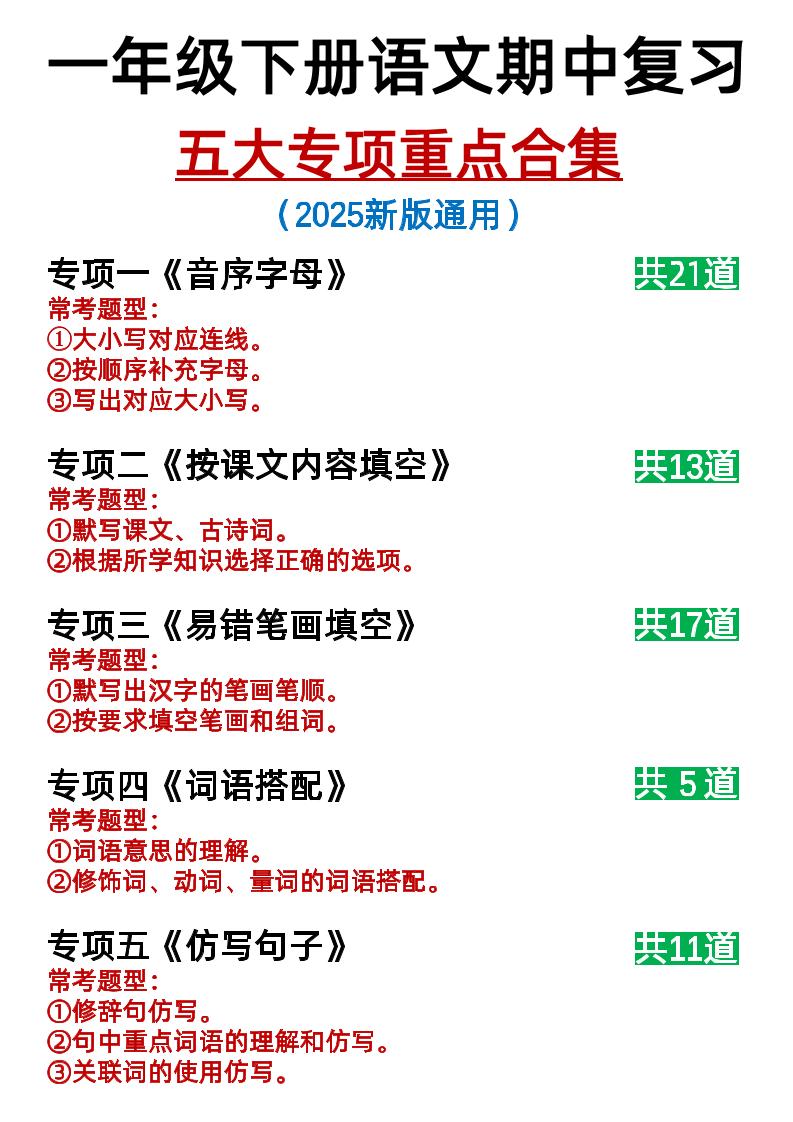 25新一下语文期中复习五大专项重点合集14页