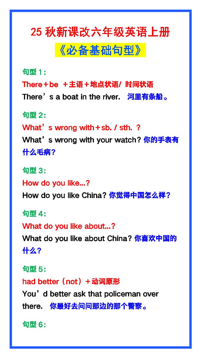 【2025秋新版】六年级英语上册《必备基础句型》，最全整理！