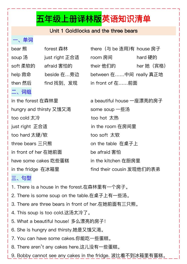 五上译林版英语知识清单21页