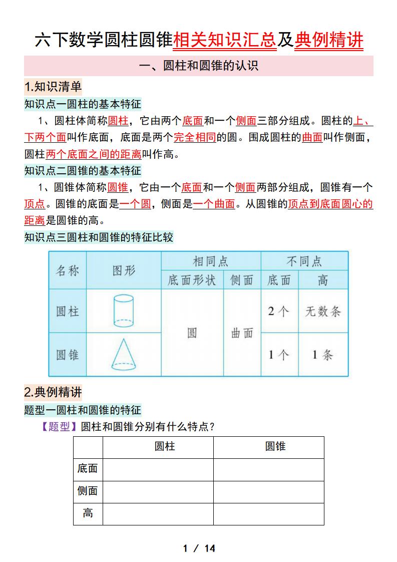 六下数学圆柱圆锥相关知识汇总及典例精讲