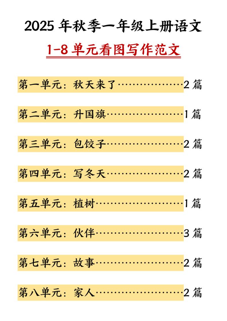 25秋一上语文1-8单元看图写作范文（16页）