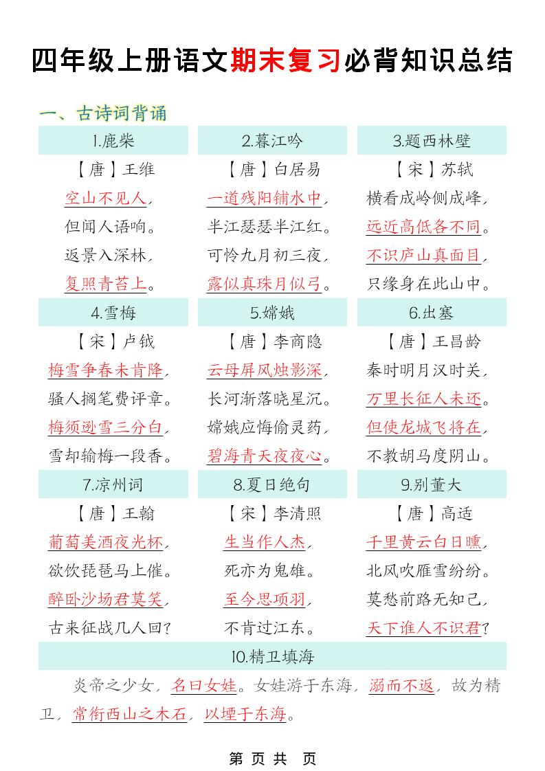 四年级上语文期末复习必背知识总结