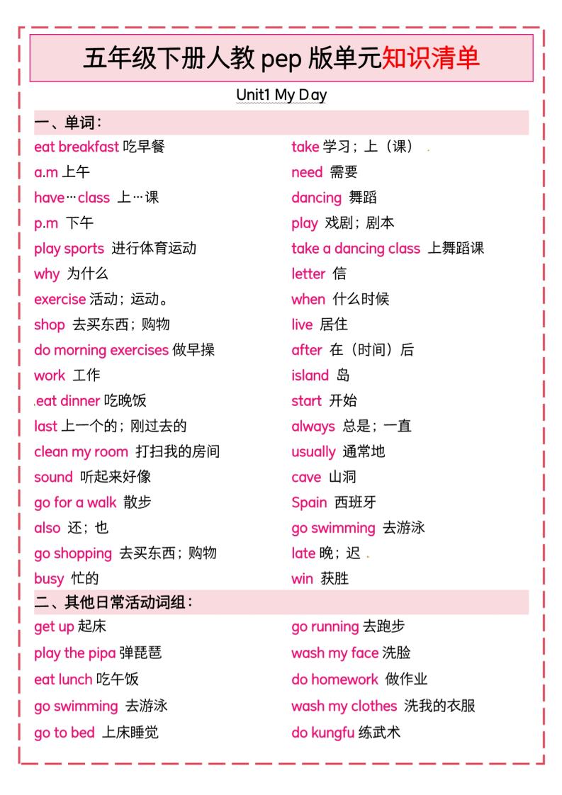 五下英语人教pep版单元知识清单