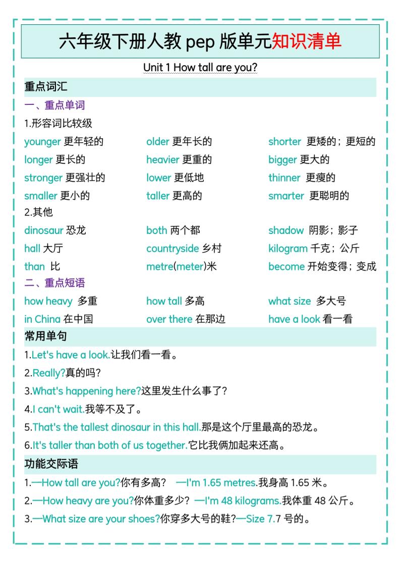 六下英语人教pep版单元知识清单