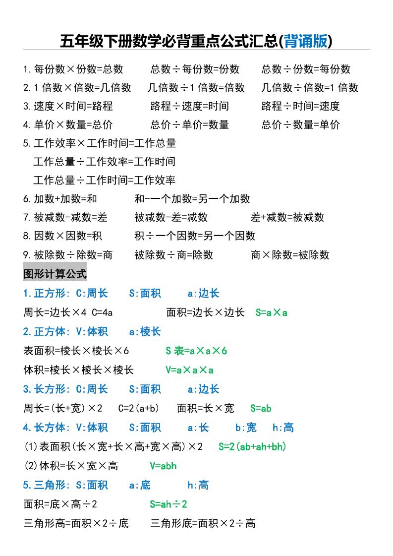 五年级下册数学必背重点公式汇总
