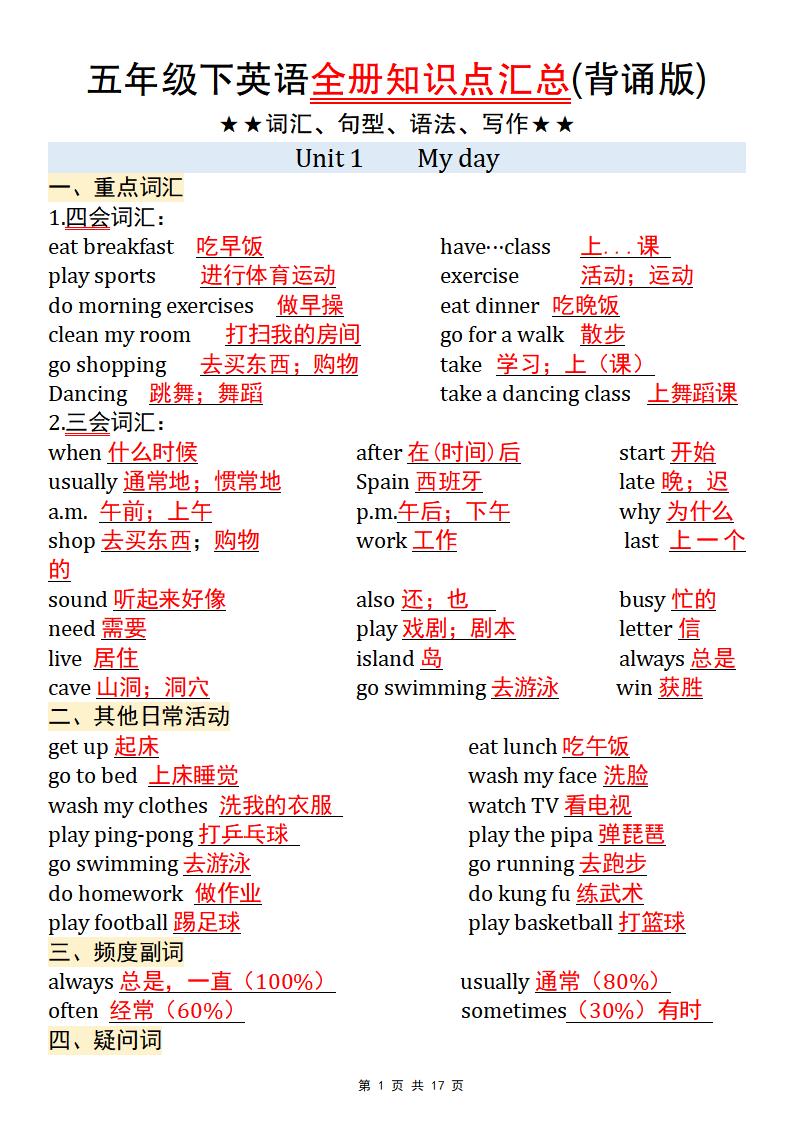 【五年级pep版英语】五年级下英语全册知识点汇总(背诵版)