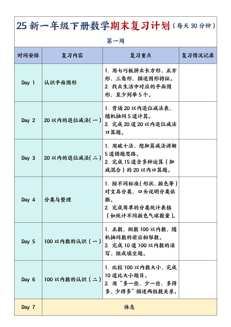 一下数学【期末复习计划】