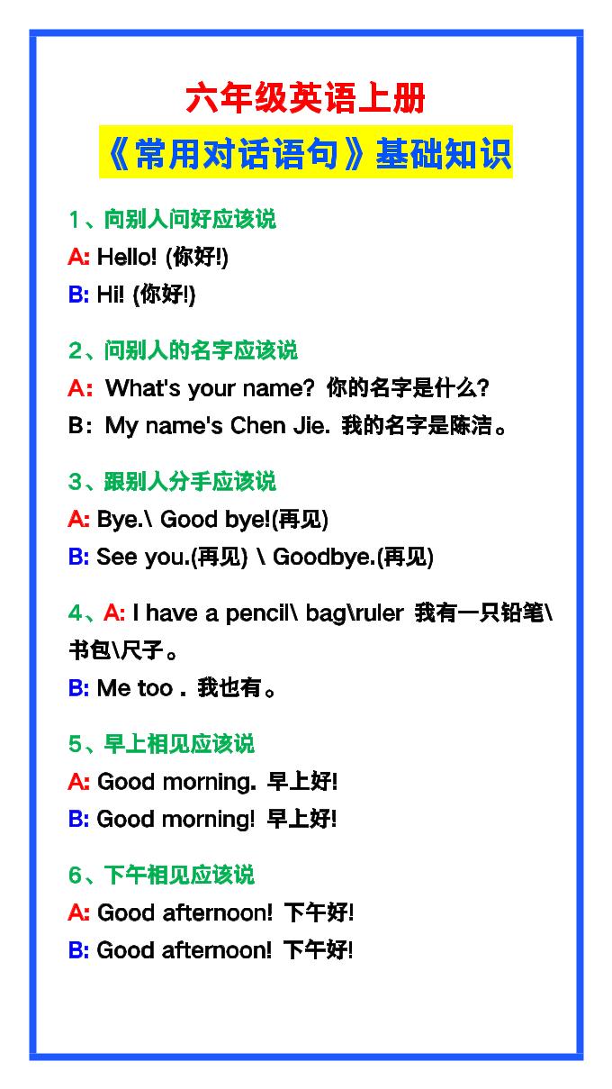 【2025秋新版】六年级英语上册《常用对话语句》