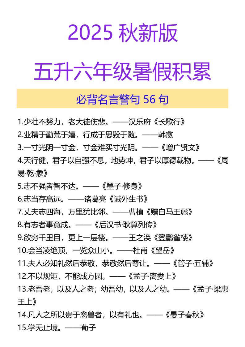 【2025秋新版】五升六年级暑假积累必背名言警句56句-六上语文