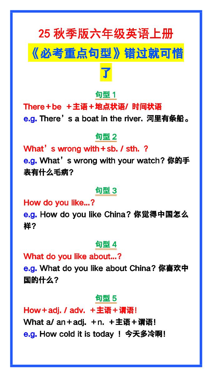 【2025秋新版】六年级英语上册《必考重点句型》错过就太可惜了！