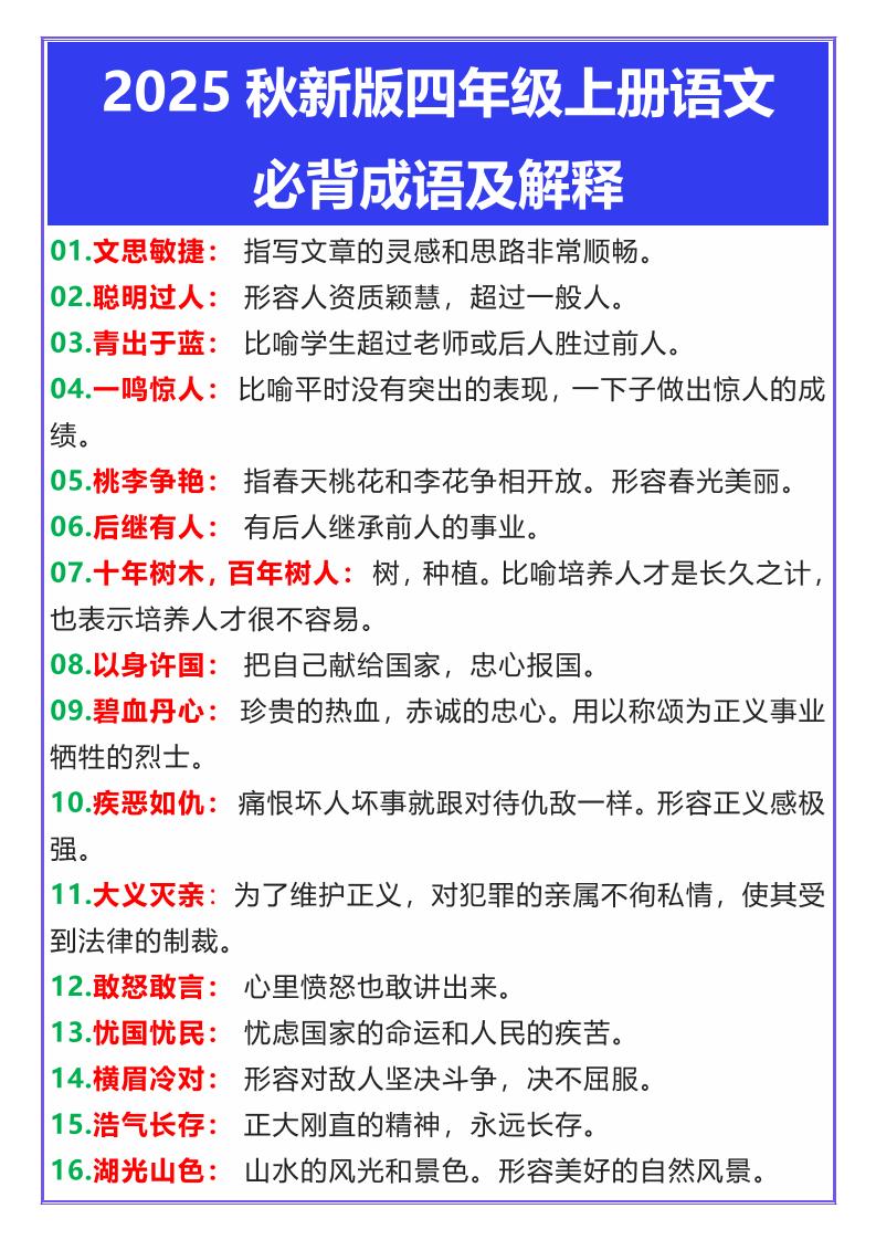 【2025秋新版】四年级上册语文必背成语及解释