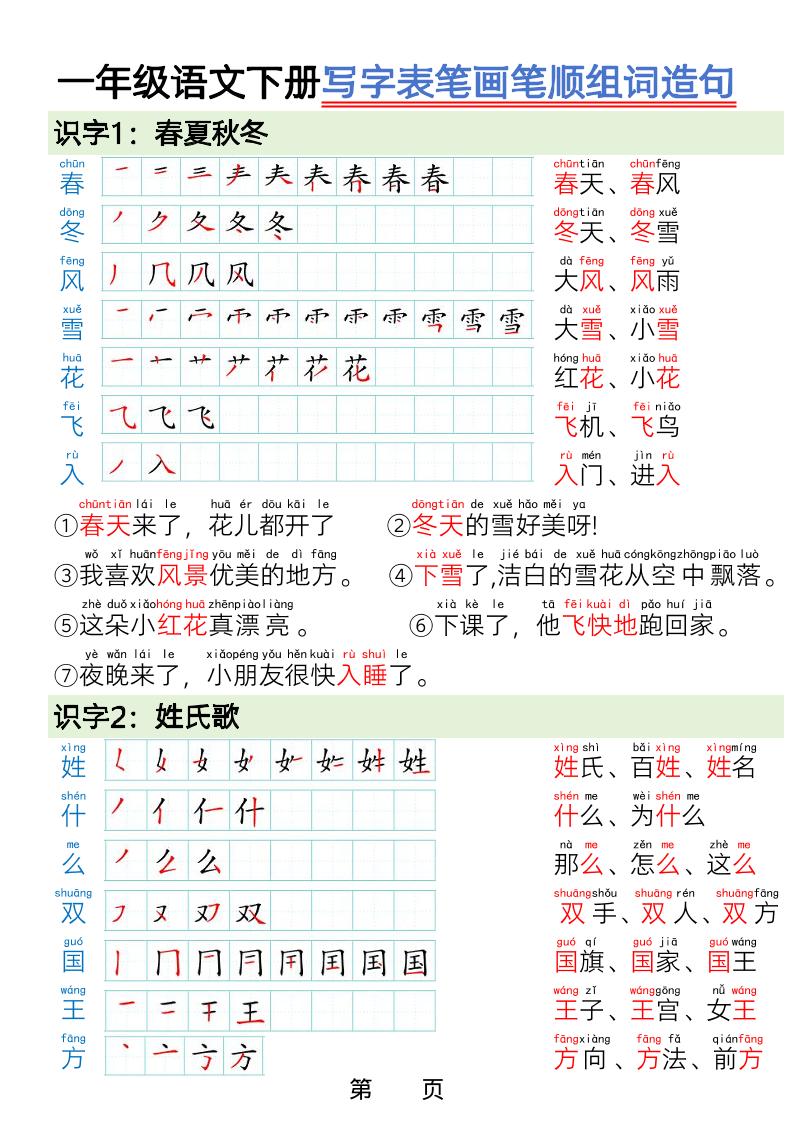 一年级下语文写字表笔画笔顺组词造句