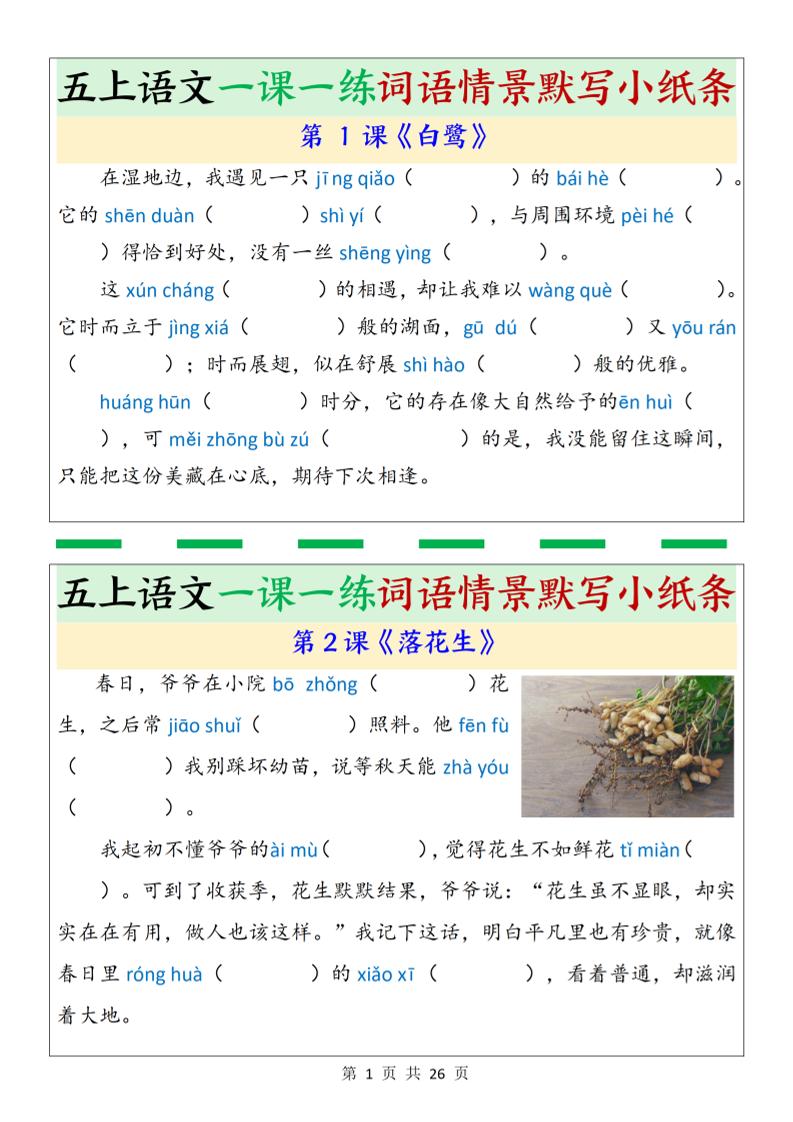 五上语文一课一练词语情景默写小纸条（含答案26页）