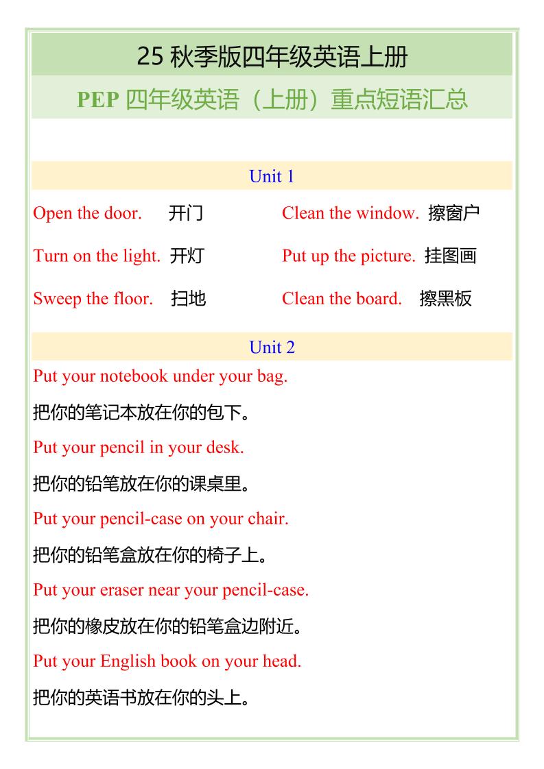 【2025秋新版】四年级英语上册重点短语汇总