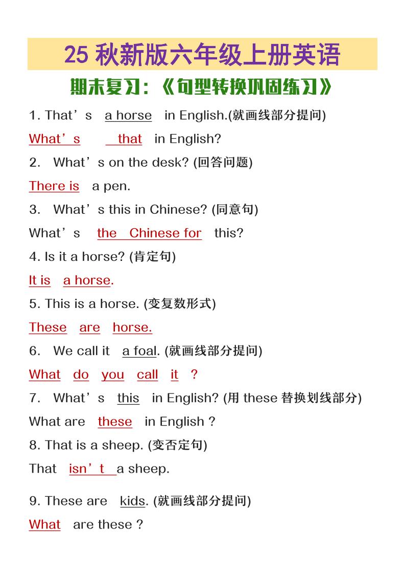 【2025秋新版】六年级上册英语期末复习句型转换巩固练习