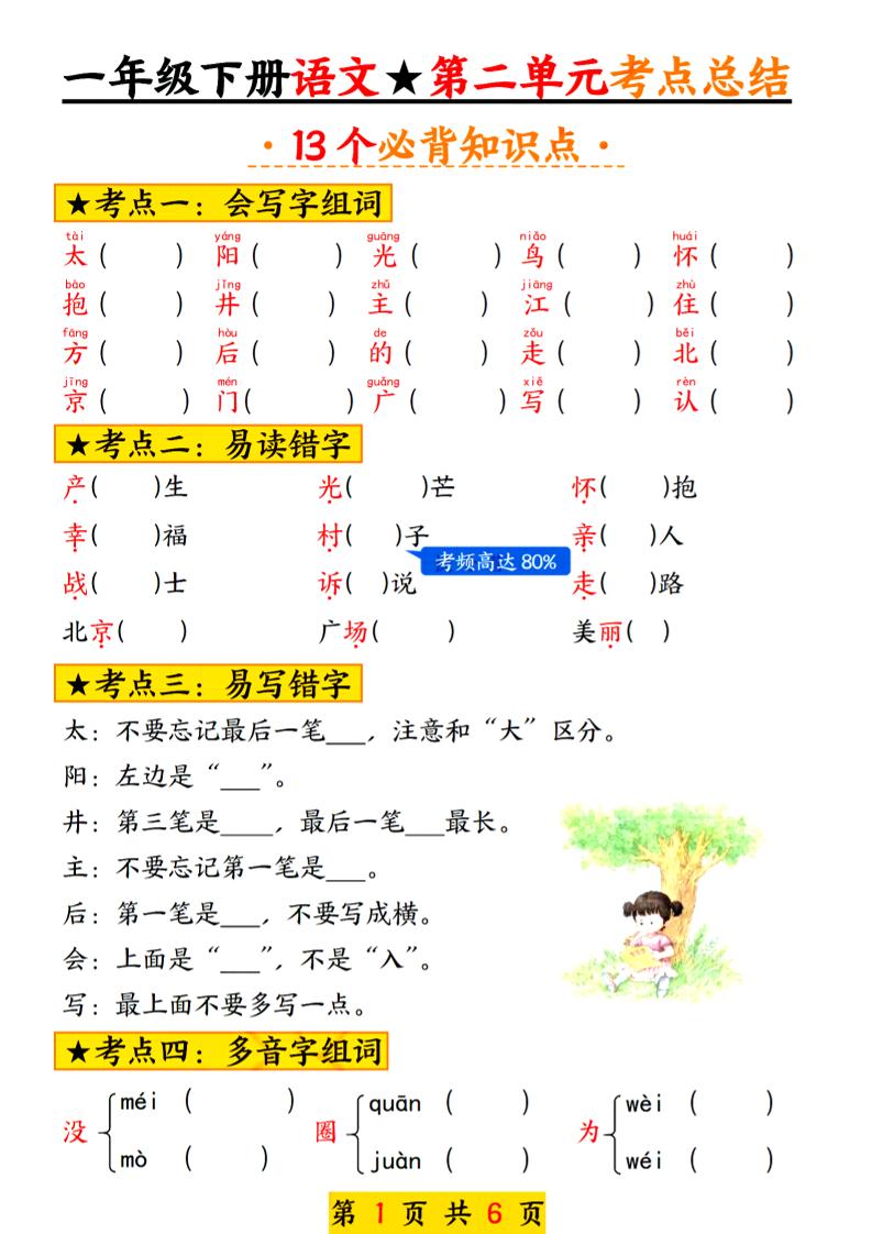 2025新版一年级语文下册第二单元考点总结13个必背