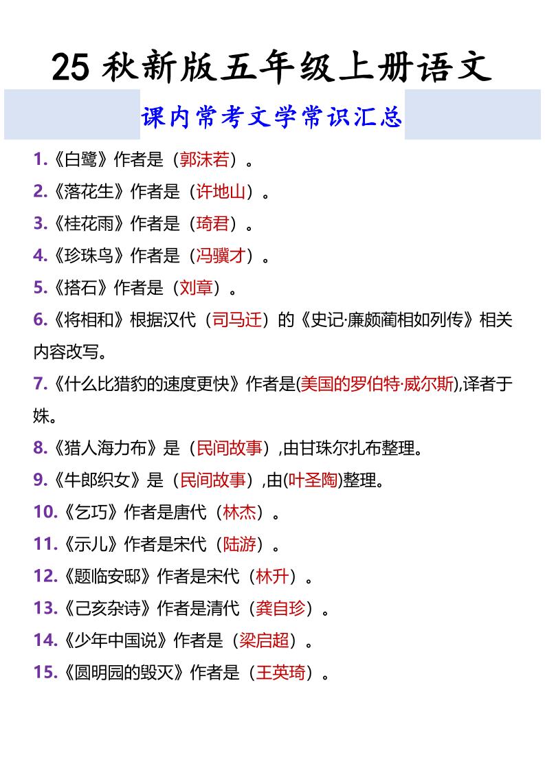 【2025秋新版】五年级上册语文课内常考文学常识汇总