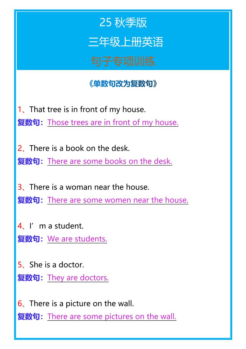 【2025秋新版】三年级上册英语句子专项训练