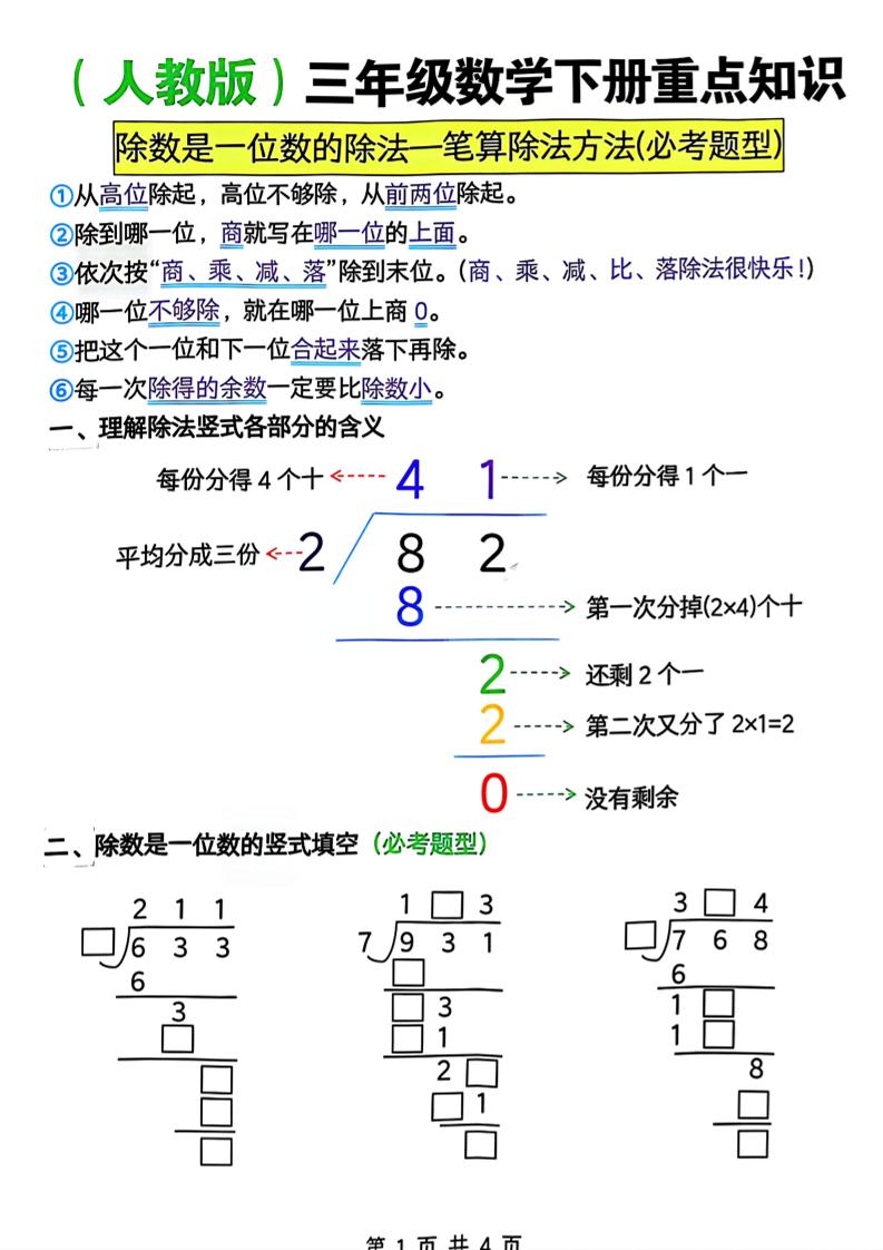 三年级下数学除数是一位数的除法—笔算除法方法(必考题型)《人教版》