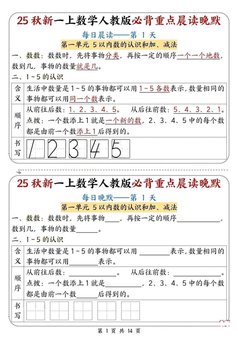 25秋新一上数学必背重点晨读晚默（人教版14页）