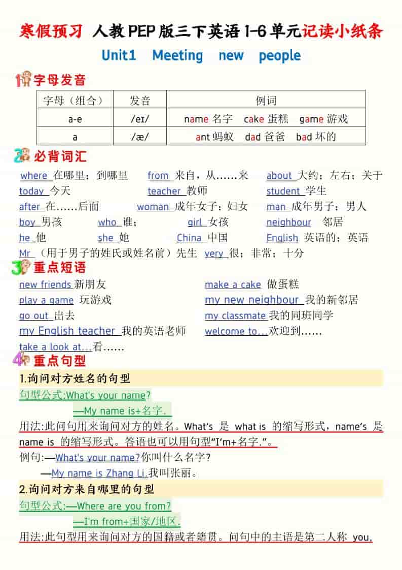 三年级下英语寒假预习1-6单元记读小纸条《人教版PEP》