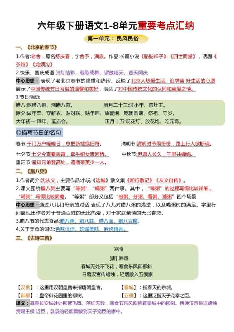 六年级下语文1-8单元重要考点汇总