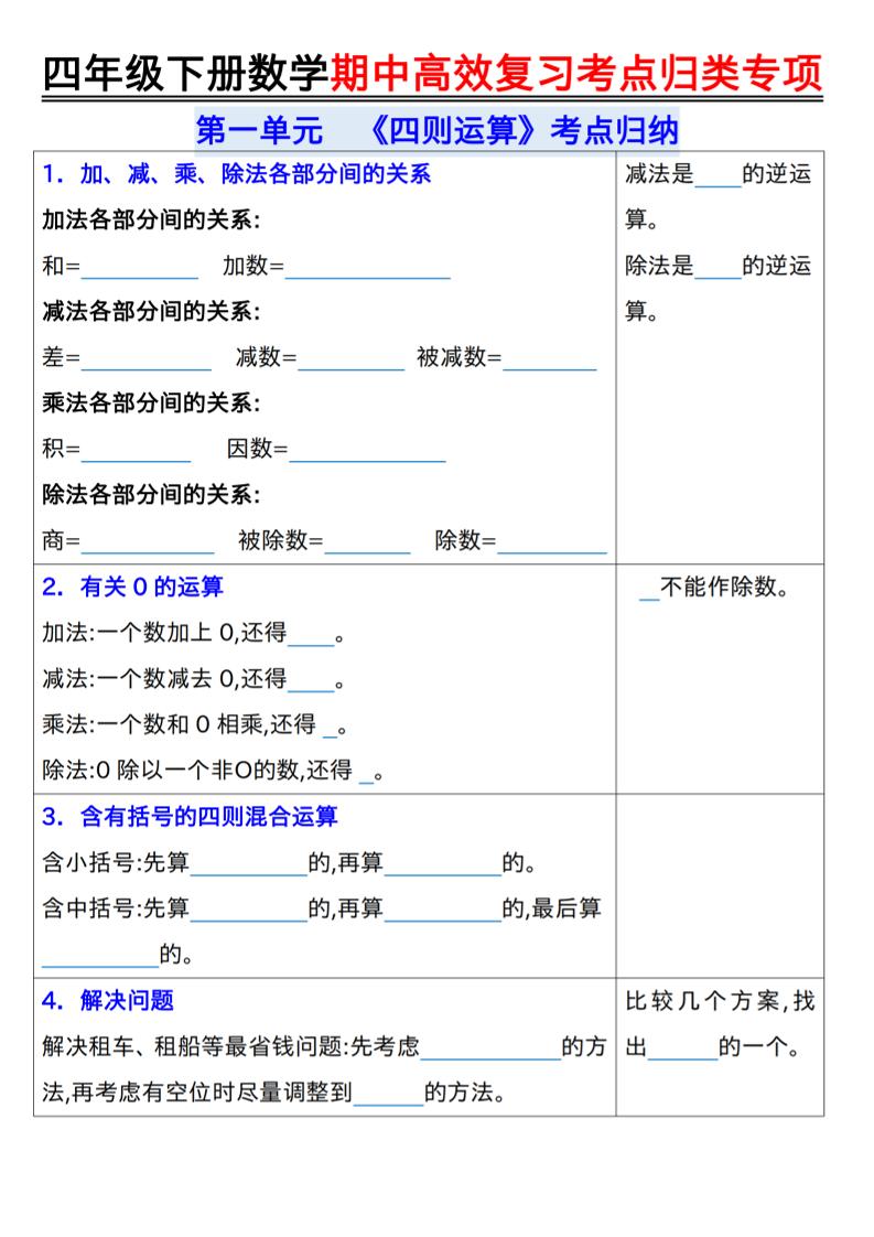 四年级下数学期中复习考点归类专练