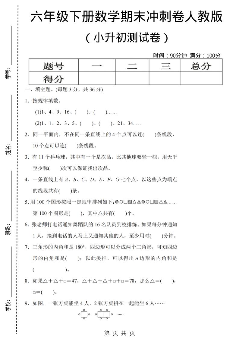 六年级下数学期末小升初冲刺卷《人教版》