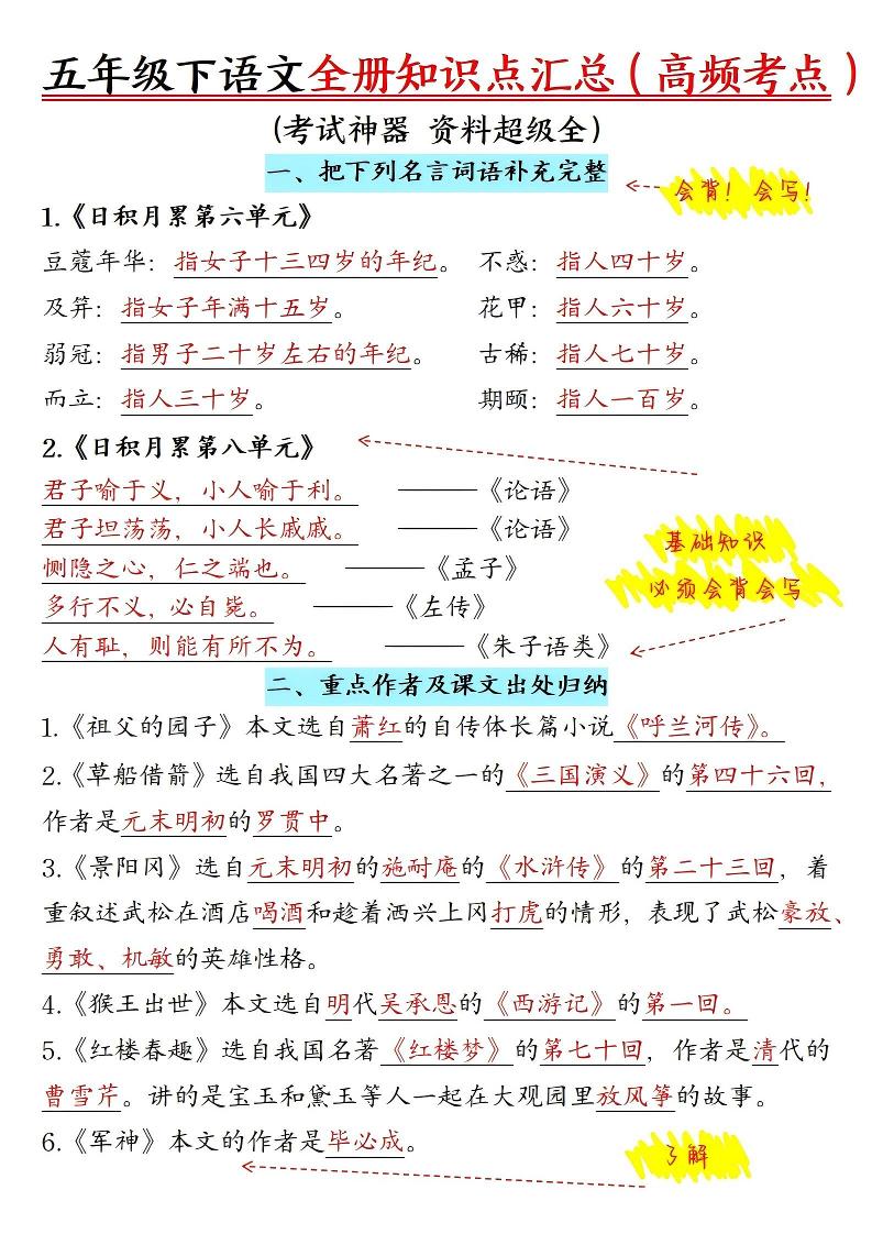 五年级下语文期末全册知识点汇总高频考点