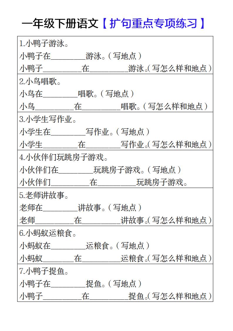 一年级下册语文扩句重点专项练习