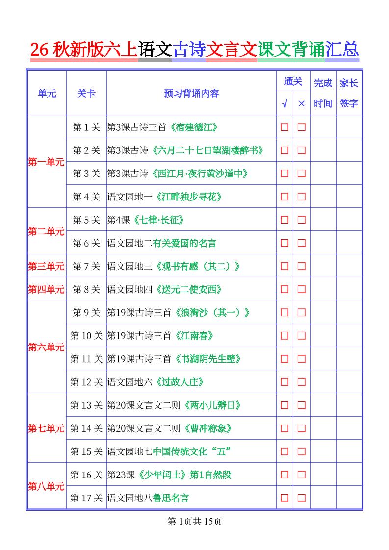 26秋新六上语文古文文言文课文背诵内容汇总-背诵版