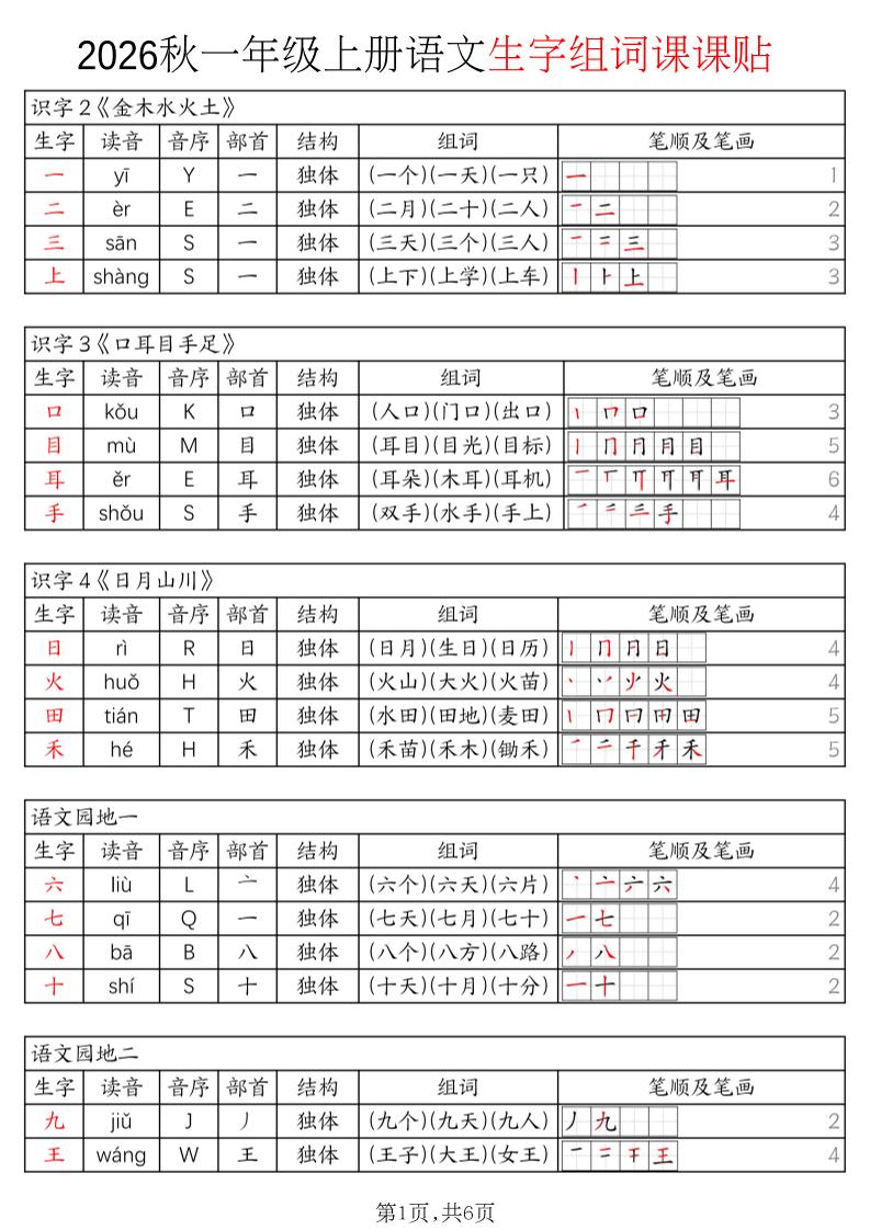 2026秋一上语文暑假预习《生字组词课课贴》