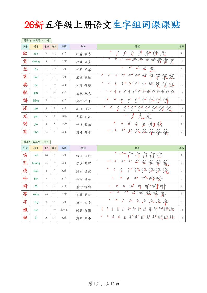 26新五上语文生字组词课课贴11页