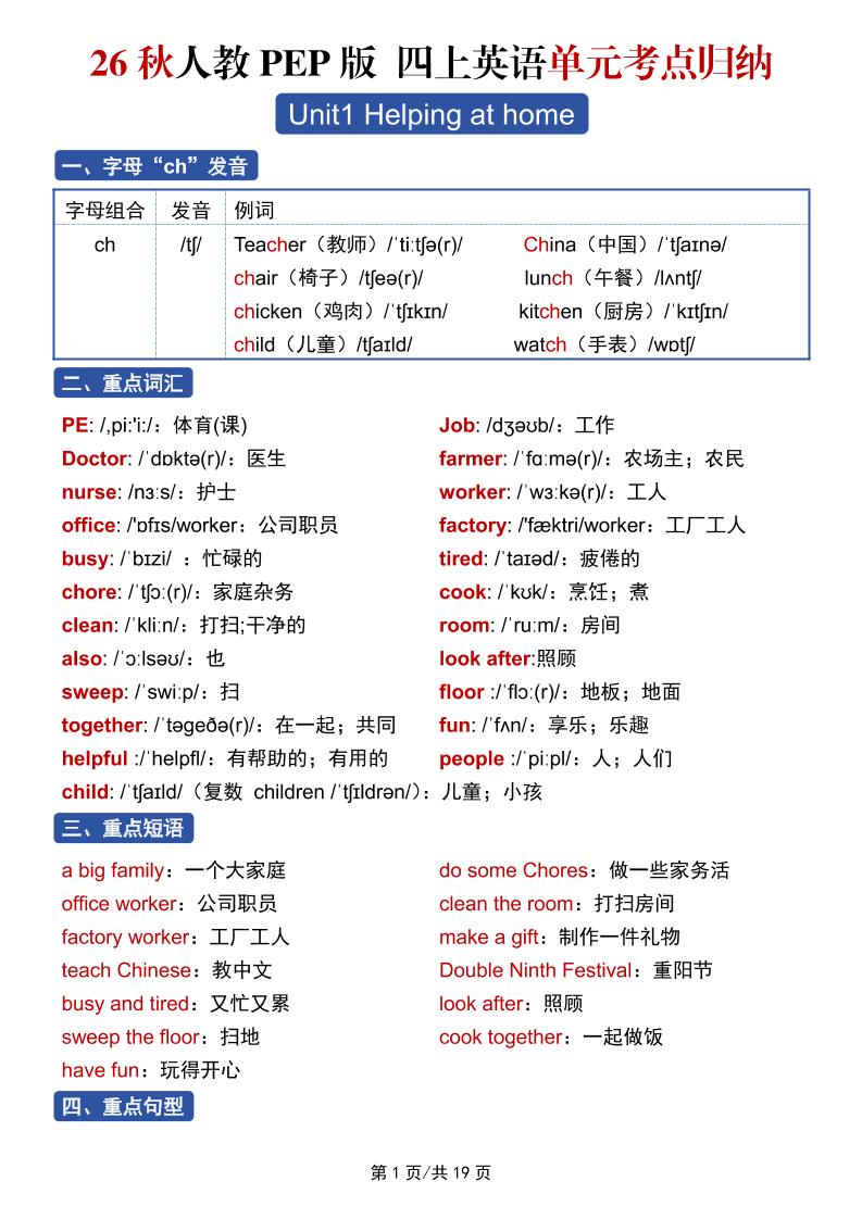 26秋人教PEP版四上英语单元考点归纳19页