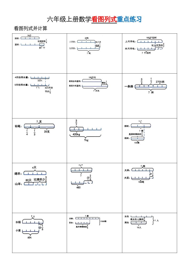 六上数学看图列式单位“1”专项练习