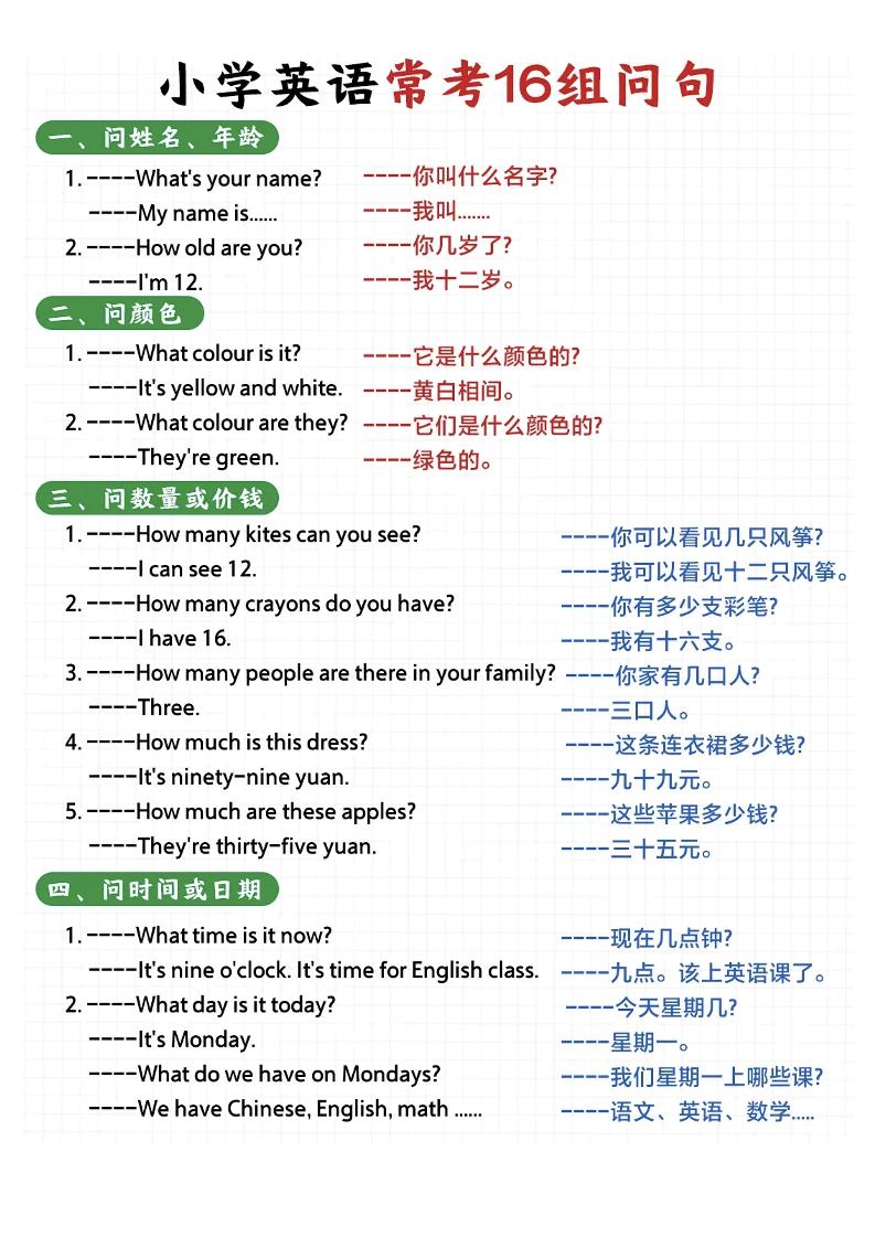 (新)小学英语常考16种问句-六上英语