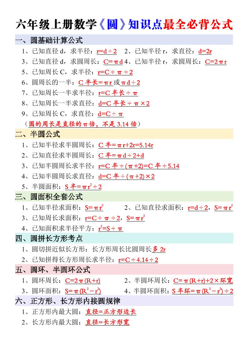 新六年级上册数学《圆》知识点必背公式